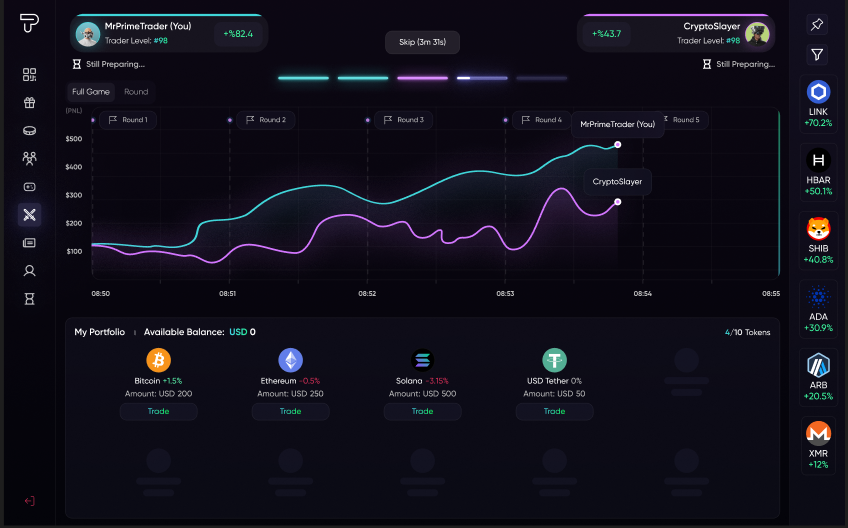 Prime Trader - Teqnir project using React, Web3, Cryptocurrency, Gamification, Fiat Gateway, Wallet